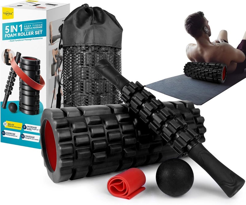 Krightlink 5 in1 Foam Roller Set for Deep Tissue Muscle Massage, High Density Fitness Exercise Foam Roller, Massage Roller, Massage Ball, Resistance Band, for Whole Body (Black) - Image 1